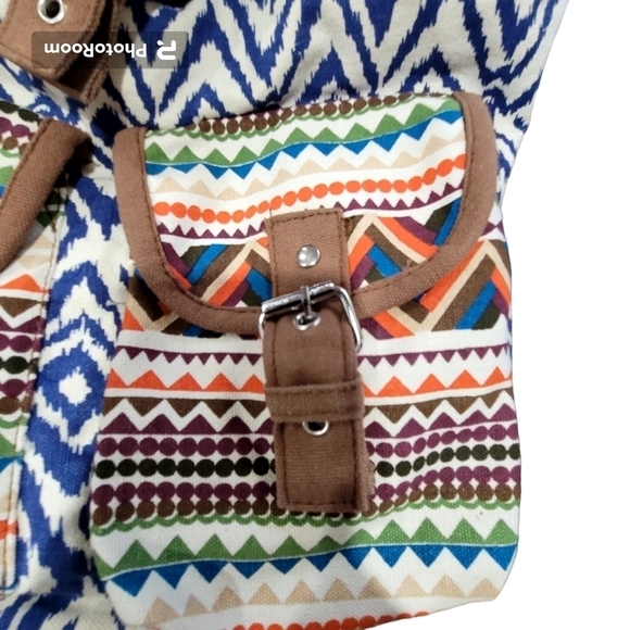 Boho Multicolor Geometric Backpack Blue Liner with Side Pockets Drawstring Bag - Picture 3 of 5